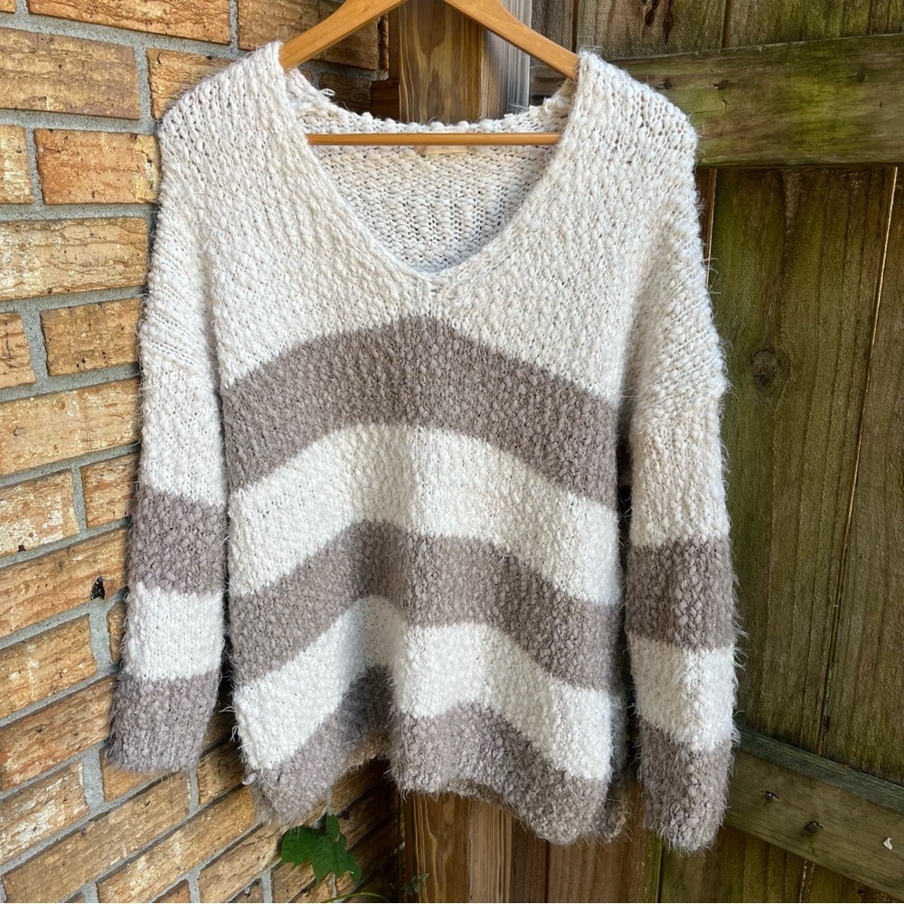 Altar'd State V-Neck Striped Sweater - Cream and Brown